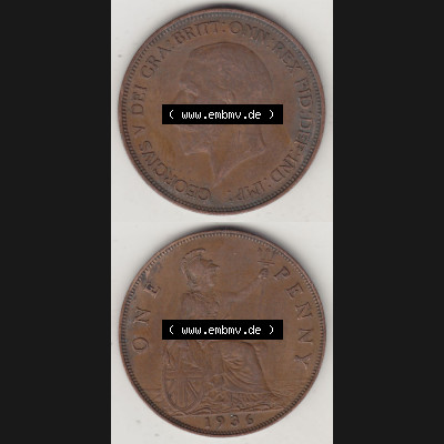 Münzen Großbritannien Eurovorläufer, Umlaufmünze vor Euroeinführung 1928-1936, 1 One Penny, 1936-3, George V. BM GEORGIVS V DEI GRABRITTOMNREX FIDDEFINDIMP.... Sammlung