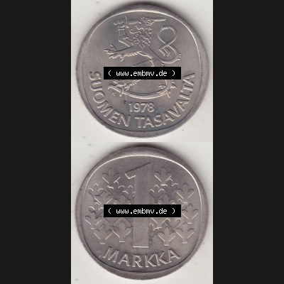 Münzen Finnland / SUOMI Eurovorläufer, Umlaufmünze vor Euroeinführung 1978-1978, Stempelglanz 1969-1993, 1 finnische Mark, Markka 1978-1. Rückseite... Sammlung