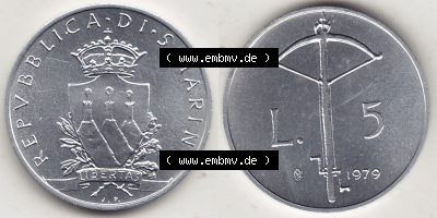 Aus offiziellen Münzensatz / KMS 1979 San Marino vor Euro 1979-1979, 5 Lire, LIBERTAS REPVBBLICA DI S. MARINO, 1979 L.5 (3) Sammlung