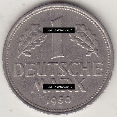 BRD Münzen 1 DM, Umlaufmünze 1950-2001, 1 DM Deutsche Mark, 1950 G-1. Rückseite der Münze aus Deutschland Sammlung