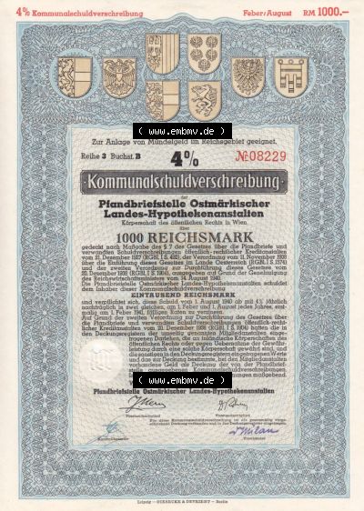Alte Wertpapiere Österreich im Deutschen Reich 1940, Kommunal-Schuldverschreibung, Pfandbriefstelle Ostmärkischer Landes-Hypothekenanstalt... Sammlung