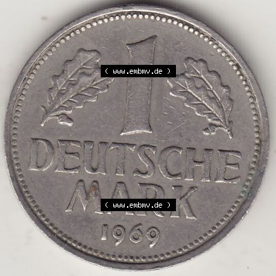 BRD Münzen 1 DM, Umlaufmünze 1950-2001, 1 DM Deutsche Mark, 1969 J-1. Rückseite der Münze aus Deutschland Sammlung