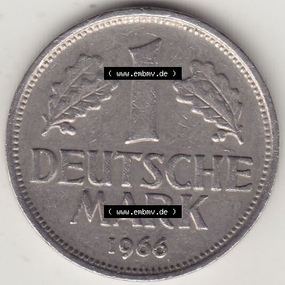 BRD Münzen 1 DM, Umlaufmünze 1950-2001, 1 DM Deutsche Mark, 1966 G-1. Rückseite der Münze aus Deutschland Sammlung