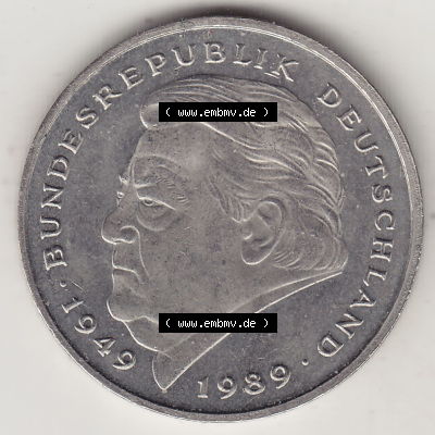 BRD Münzen 2 DM Gedenkmünze 1990-2001, 2 DM, Deutsche Mark Franz Josef Strauß 1994 F-1. Rückseite der Münze aus Deutschland Sammlung