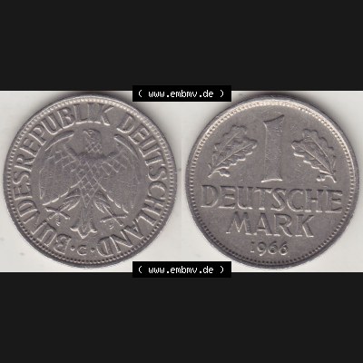 BRD Münzen 1 DM, Umlaufmünze 1950-2001, 1 DM Deutsche Mark, 1966 G-1. Vorderseite und Rückseite der Münze aus Deutschland Sammlung