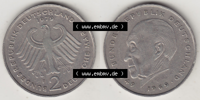 BRD Münzen 2 DM Gedenkmünze 1969-1987, 2 DM, Deutsche Mark Konrad Adenauer 1979 (Stück 1) F. Vorderseite und Rückseite der... Sammlung