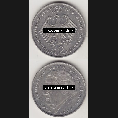 BRD Münzen 2 DM Gedenkmünze 1991-2001, 2 DM, Deutsche Mark Franz Josef Strauß 1995 A-1. Vorderseite und Rückseite auf einen digitalen Bild / Foto der Münze... Sammlung