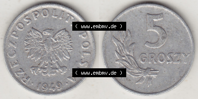 Münzen Republik Polen Eurovorläufer, Umlaufmünze 1949-1949, 5 Groszy, Groschen, Aluminium 1949. Vorderseite und Rückseite... Sammlung