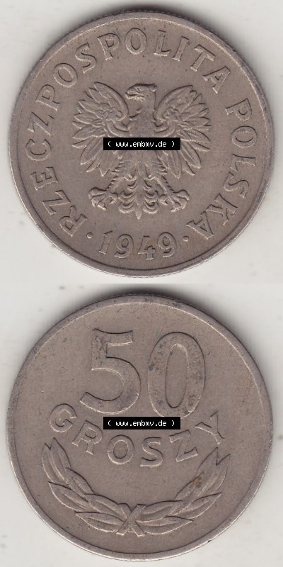 Münzen Republik Polen Eurovorläufer, Umlaufmünze 1949-1949, 50 Groszy, Groschen, Kupfernickel-Legierung 1949. Vorderseite und... Sammlung