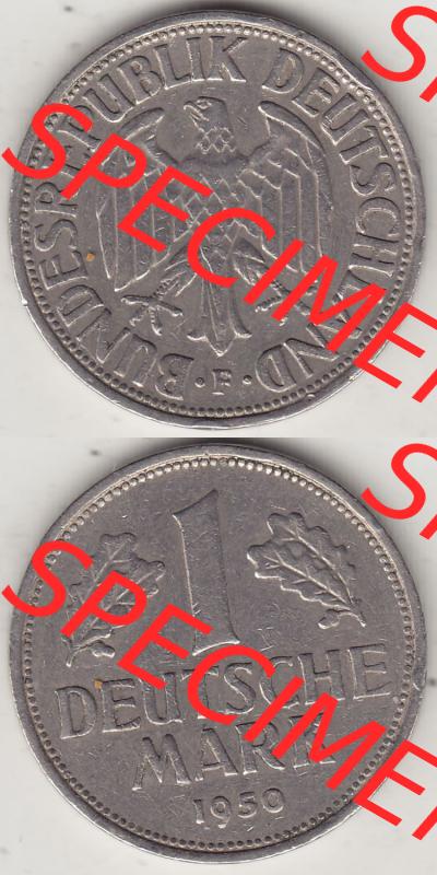 BRD Münzen 1 DM, Umlaufmünze 1950-2001, 1 DM Deutsche Mark, 1950 F-2. Vorderseite und Rückseite auf einen digitalen Bild / Foto der Münze aus Deutschland,... Sammlung