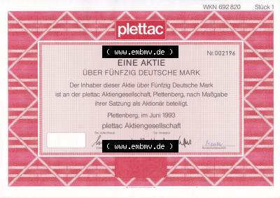 Alte Wertpapiere Bundesrepublik Deutschland in Deutsche Mark 1993, 50 DM, Fünfzig Deutsche Mark, plettac Aktiengesellschaft (2) Sammlung