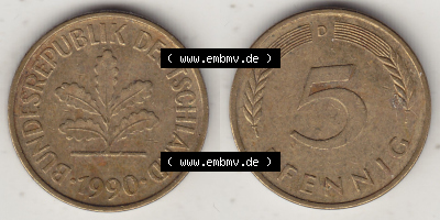 Münzen Deutschland 5 Pfennig-Deutsche Mark 1950-2001, 5 Pfennig, 1990 D-1 (3) Sammlung