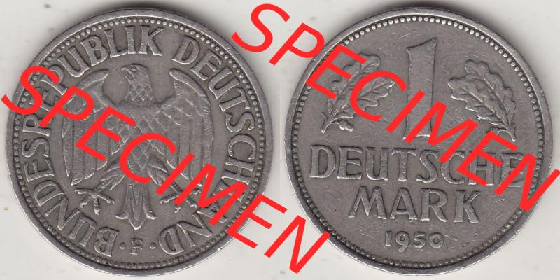 BRD Münzen 1 DM, Umlaufmünze 1950-2001, 1 DM Deutsche Mark, 1950 F-3. Vorderseite und Rückseite der Münze aus Deutschland Sammlung