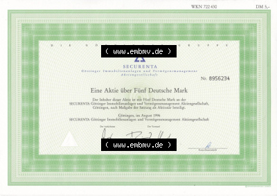 Alte Wertpapiere Bundesrepublik Deutschland in Deutsche Mark 1996, 5 DM, Eine Aktie über Fünf Deutsche Mark, Aktie SECURENTA... Sammlung