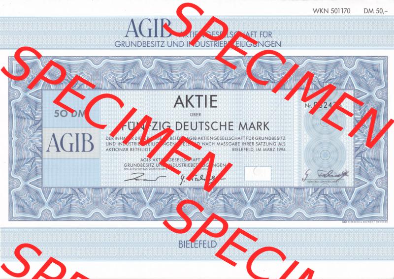 Alte Wertpapiere Bundesrepublik Deutschland in Deutsche Mark 1994, 50 DM AGIB Aktiengesellschaft für Grundbesitz und Industriebeteiligungen (1) Sammlung