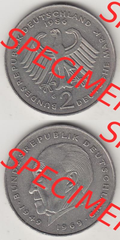 BRD Münzen 2 DM Gedenkmünze 1969-1987, 2 DM, Deutsche Mark Konrad Adenauer 1986-1 G. Vorderseite und Rückseite auf einen digitalen Bild / Foto der Münze aus Deutschland,... Sammlung