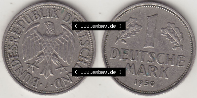 BRD Münzen 1 DM, Umlaufmünze 1950-2001, 1 DM Deutsche Mark, 1950 J-6. Vorderseite und Rückseite der Münze aus Deutschland Sammlung