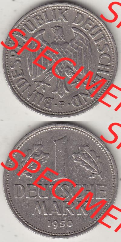 BRD Münzen 1 DM, Umlaufmünze 1950-2001, 1 DM Deutsche Mark, 1950 F-1. Vorderseite und Rückseite auf einen digitalen Bild / Foto der Münze aus Deutschland,... Sammlung