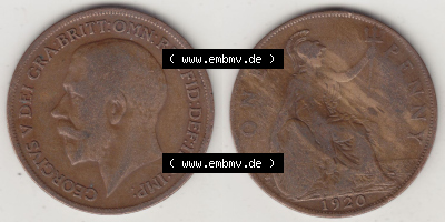 Münzen Großbritannien Eurovorläufer, Umlaufmünze vor Euroeinführung 1911-1926, 1 One Penny, 1920 (Stück 1), George V, B.M.... Sammlung