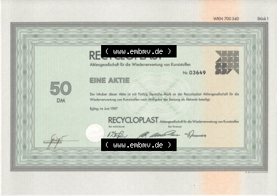 Alte Wertpapiere Bundesrepublik Deutschland in Deutsche Mark 1987, Recycloplast, 50 DM, Eine Aktie über Fünfzig Deutsche Mark,... Sammlung