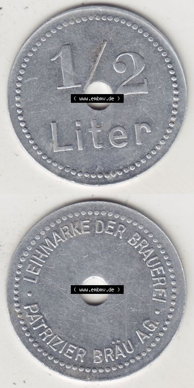 Alte Biermarken Allgemein 1/2 Liter, Leihmarke der Brauerei Patrizier Bräu AG. Vorderseite und Rückseite vertikal untereinander... Sammlung