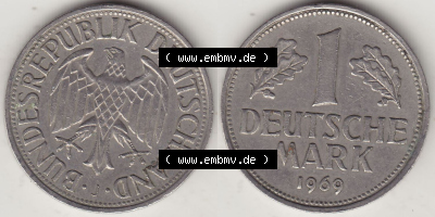 BRD Münzen 1 DM, Umlaufmünze 1950-2001, 1 DM Deutsche Mark, 1969 J-1. Vorderseite und Rückseite der Münze aus Deutschland Sammlung