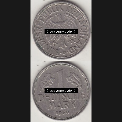 BRD Münzen 1 DM, Umlaufmünze 1950-2001, 1 DM Deutsche Mark, 1950 D-1. Vorderseite und Rückseite auf einen digitalen Bild / Foto der Münze aus Deutschland,... Sammlung