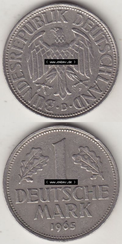 BRD Münzen 1 DM, Umlaufmünze 1950-2001, 1 DM Deutsche Mark, 1965 D-1. Vorderseite und Rückseite auf einen digitalen Bild /... Sammlung