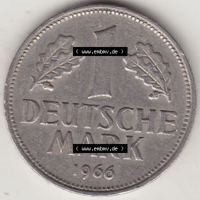 BRD Münzen 1 DM, Umlaufmünze 1950-2001, 1 DM Deutsche Mark, 1966 F-1. Rückseite der Münze aus Deutschland Sammlung