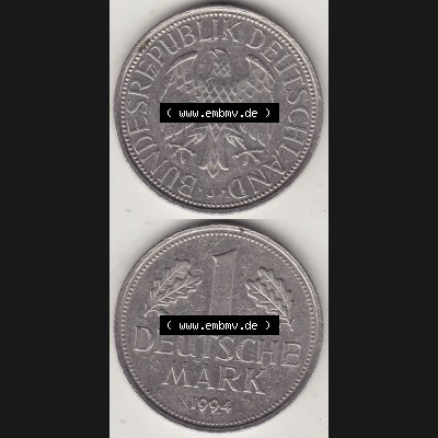 BRD Münzen 1 DM, Umlaufmünze 1950-2001, 1 DM Deutsche Mark, 1994 J-2. Vorderseite und Rückseite auf einen digitalen Bild / Foto der Münze aus Deutschland,... Sammlung