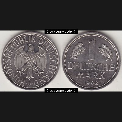 BRD Münzen 1 DM, Umlaufmünze 1950-2001, 1 DM Deutsche Mark, 1992 D-1. Vorderseite und Rückseite der Münze aus Deutschland Sammlung