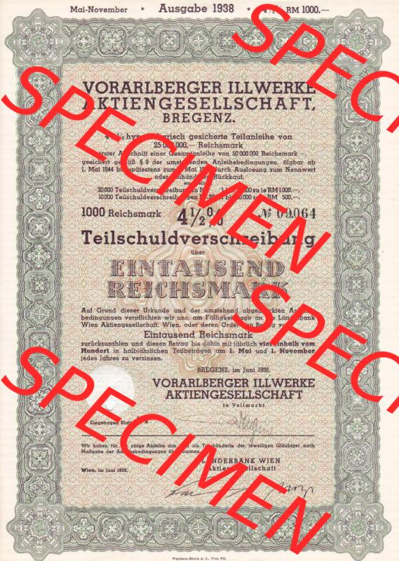 Alte Wertpapiere Österreich im Deutschen Reich 1938, Vorarlberger Illwerke Aktiengesellschaft-Bregenz, 4.5 Prozent Teilschuldverschreibung über Eintausend Reichsmark (1) Sammlung