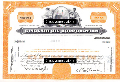 Alte Wertpapiere Amerikanische Öl-Gesellschaften 1968, Sinclair Oil Corporation, This Certifities that 100 Shares, Zertifikat... Sammlung