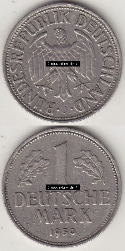 BRD Münzen 1 DM, Umlaufmünze 1950-2001, 1 DM Deutsche Mark, 1950 J-7. Vorderseite und Rückseite auf einen digitalen Bild /... Sammlung