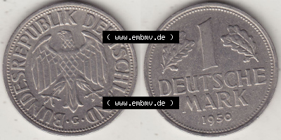 BRD Münzen 1 DM, Umlaufmünze 1950-2001, 1 DM Deutsche Mark, 1950 G-3. Vorderseite und Rückseite der Münze aus Deutschland Sammlung
