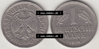 BRD Münzen 1 DM, Umlaufmünze 1950-2001, 1 DM Deutsche Mark, 1950 D-7. Vorderseite und Rückseite der Münze aus Deutschland Sammlung