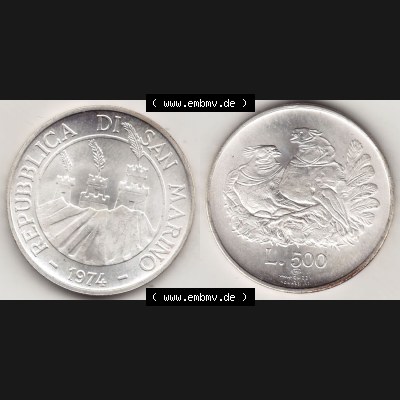 Aus offiziellen Münzensatz / KMS 1974 San Marino vor Euro 1974-1974, 50 Lire Silbermünze, L.500 MINGUZZI MONASSI INC. (3) Sammlung