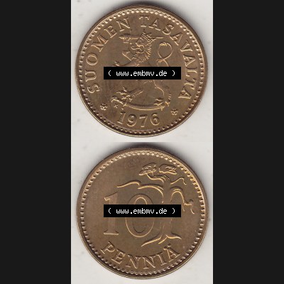 Münzen Finnland / SUOMI Eurovorläufer, Umlaufmünze vor Euroeinführung 1963-1982, 10 Penny, Penniä 1976, SUOMEN TASAVALTA (4) Sammlung