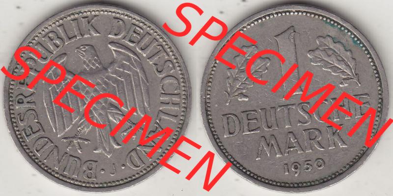 BRD Münzen 1 DM, Umlaufmünze 1950-2001, 1 DM Deutsche Mark, 1950 J-3. Vorderseite und Rückseite der Münze aus Deutschland Sammlung