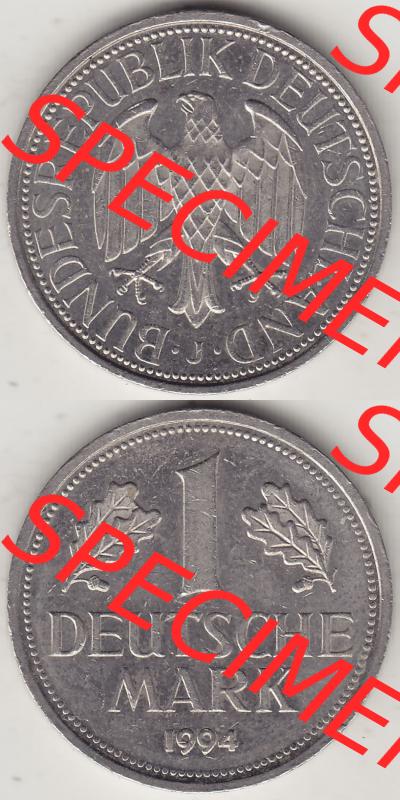 BRD Münzen 1 DM, Umlaufmünze 1950-2001, 1 DM Deutsche Mark, 1994 J-3. Vorderseite und Rückseite auf einen digitalen Bild / Foto der Münze aus Deutschland,... Sammlung