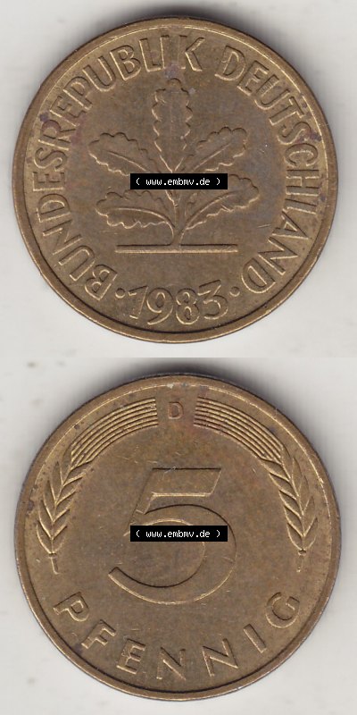 Münzen Deutschland 5 Pfennig-Deutsche Mark 1950-2001, 5 Pfennig, 1983 D-1 (4) Sammlung