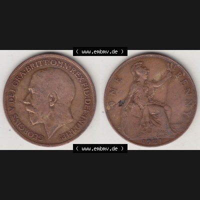 Münzen Großbritannien Eurovorläufer, Umlaufmünze vor Euroeinführung 1911-1926, 1 One Penny, 1921-1, George V, B.M. GEORGIVS V DEI GRABRITTOMNREX... Sammlung