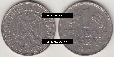BRD Münzen 1 DM, Umlaufmünze 1950-2001, 1 DM Deutsche Mark, 1954 G-2. Vorderseite und Rückseite der Münze aus Deutschland Sammlung