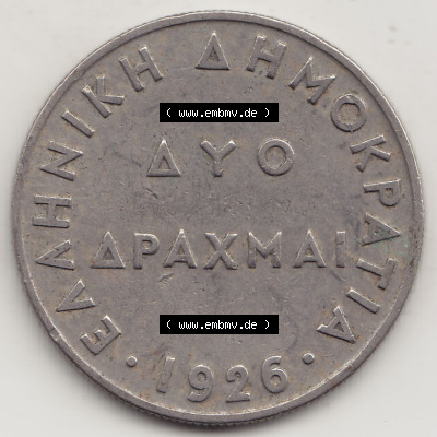Münzen Griechenland Eurovorläufer, Umlaufmünze vor Euroeinführung 1926-1926, 2 Drachmen, Ayo Apaxmai 1926 (Stück 1) (1) Sammlung