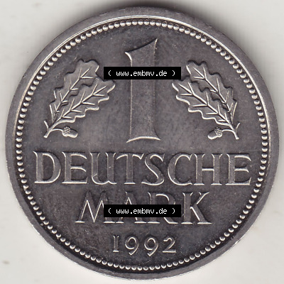 BRD Münzen 1 DM, Umlaufmünze 1950-2001, 1 DM Deutsche Mark, 1992 D-2. Rückseite der Münze aus Deutschland Sammlung