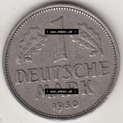 BRD Münzen 1 DM, Umlaufmünze 1950-2001, 1 DM Deutsche Mark, 1950 F-5. Rückseite der Münze aus Deutschland Sammlung