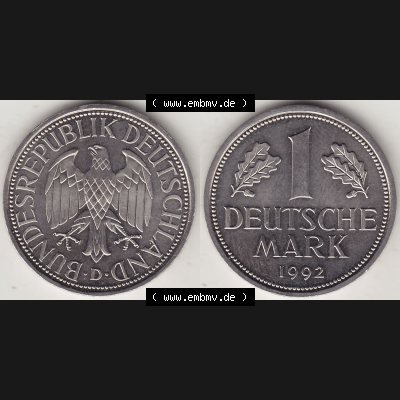 BRD Münzen 1 DM, Umlaufmünze 1950-2001, 1 DM Deutsche Mark, 1992 D-2. Vorderseite und Rückseite der Münze aus Deutschland Sammlung