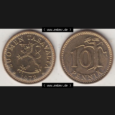 Münzen Finnland / SUOMI Eurovorläufer, Umlaufmünze vor Euroeinführung 1978-1978, Stempelglanz 1963-1982, 10 Penny, 1978-1. Rückseite und Vorderseite... Sammlung