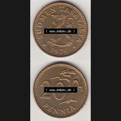 Münzen Finnland / SUOMI Eurovorläufer, Umlaufmünze vor Euroeinführung 1963-1990, 20 Penny Penniä 1976, SUOMEN TASAVALTA (4) Sammlung