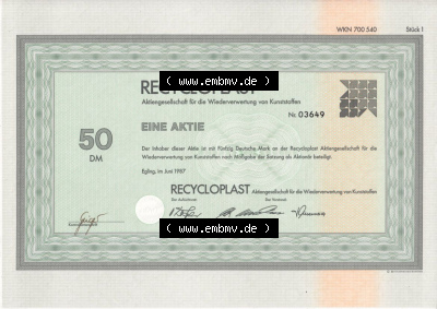 Alte Wertpapiere Bundesrepublik Deutschland in Deutsche Mark 1987, Recycloplast, 50 DM, Eine Aktie über Fünfzig Deutsche Mark,... Sammlung